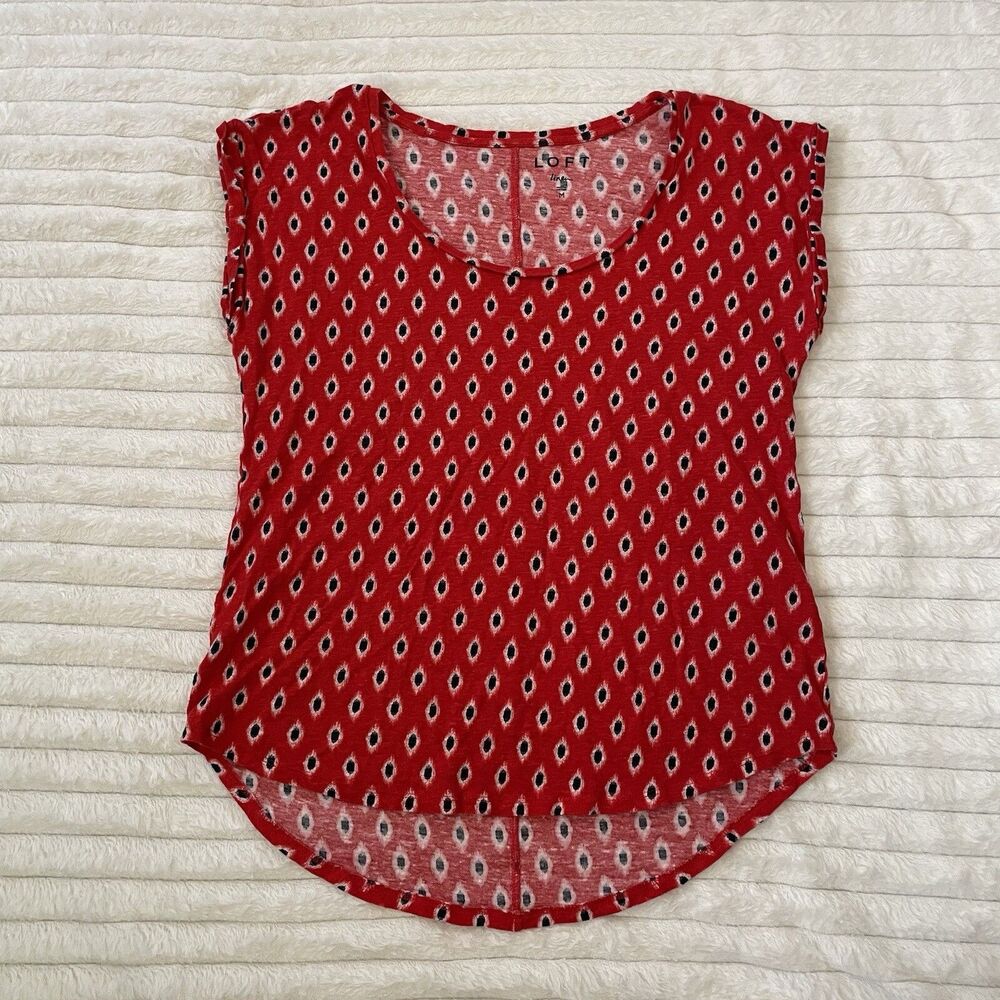 Loft Linen Tee Tshirt Women’s M Red Printed Short Sleeve Round Neck Casual Cuff